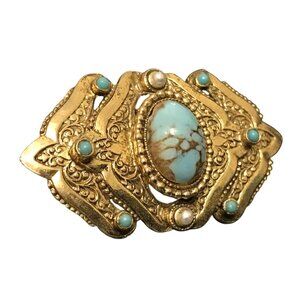 Vintage Gold Turquoise Pearl Art Nouveau Czechoslovakia Germany